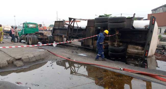 LASEMA, Petrol Tanker Falls, Spills Content In Apapa