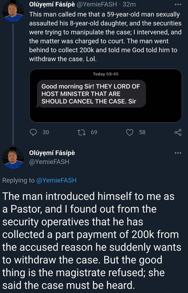 Pastor allegedly seeks withdrawal of lawsuit against man who sexually assaulted his 8-year-old daughter after secretly collecting N200k from the accused