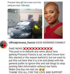 Ex BBNaija Housemate Princess Debunks Reports That Fans Bought Her A Car