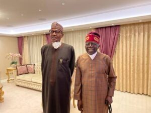 Photos: Tinubu Receives Buhari In London, Using Walking Stick 