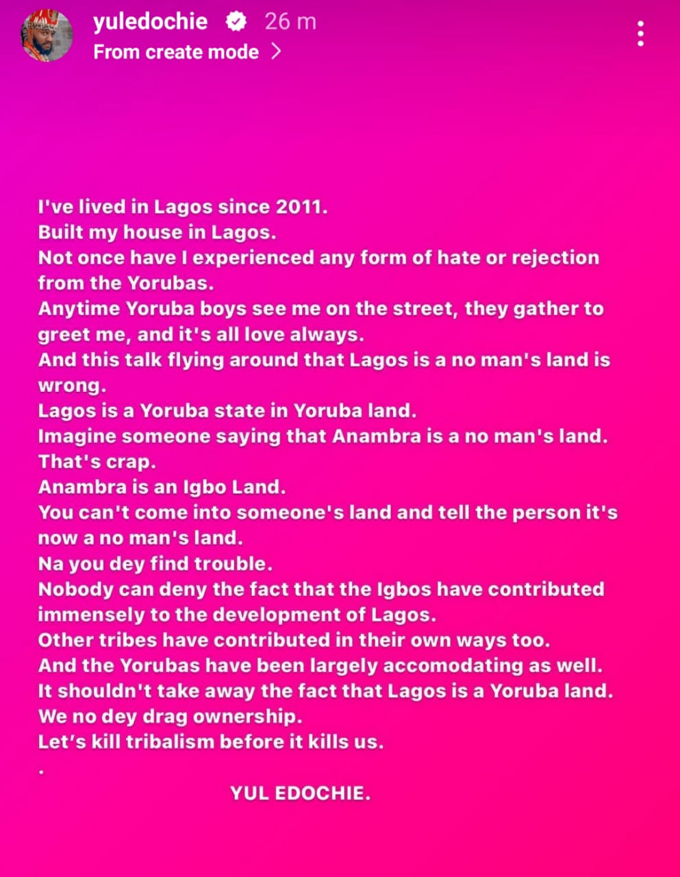 Lagos Should Be Respected As A Yoruba Land -- Yul Edochie