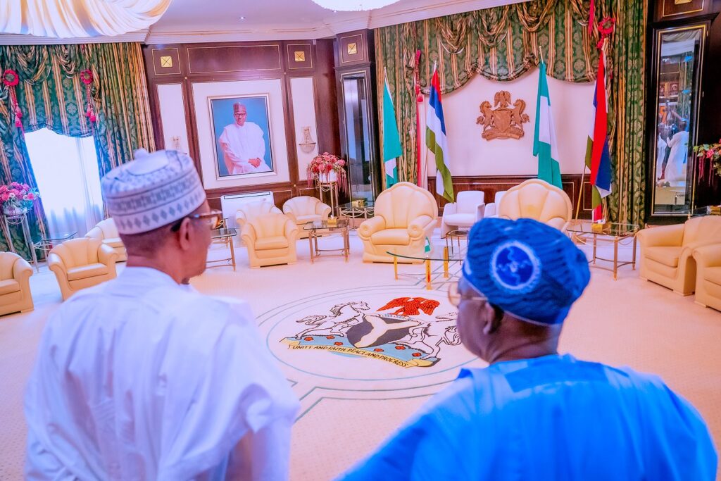 President Muhammadu Buhari takes President-elect Bola Tinubu on a tour of the Presidential Villa