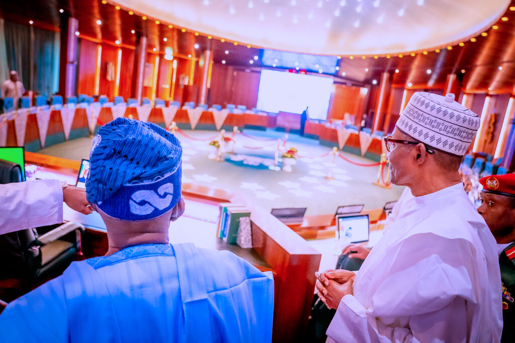 President Muhammadu Buhari and President-elect Bola Tinubu, at the Council Chambers of the Presidential Villa