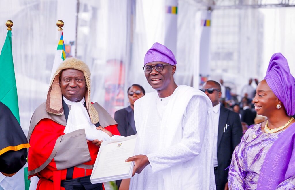 Lagos State Governor, Babajide Sanwo-Olu, with the state's chief judge after he was sworn in for his second term in office on Monday, May 29, 2023
