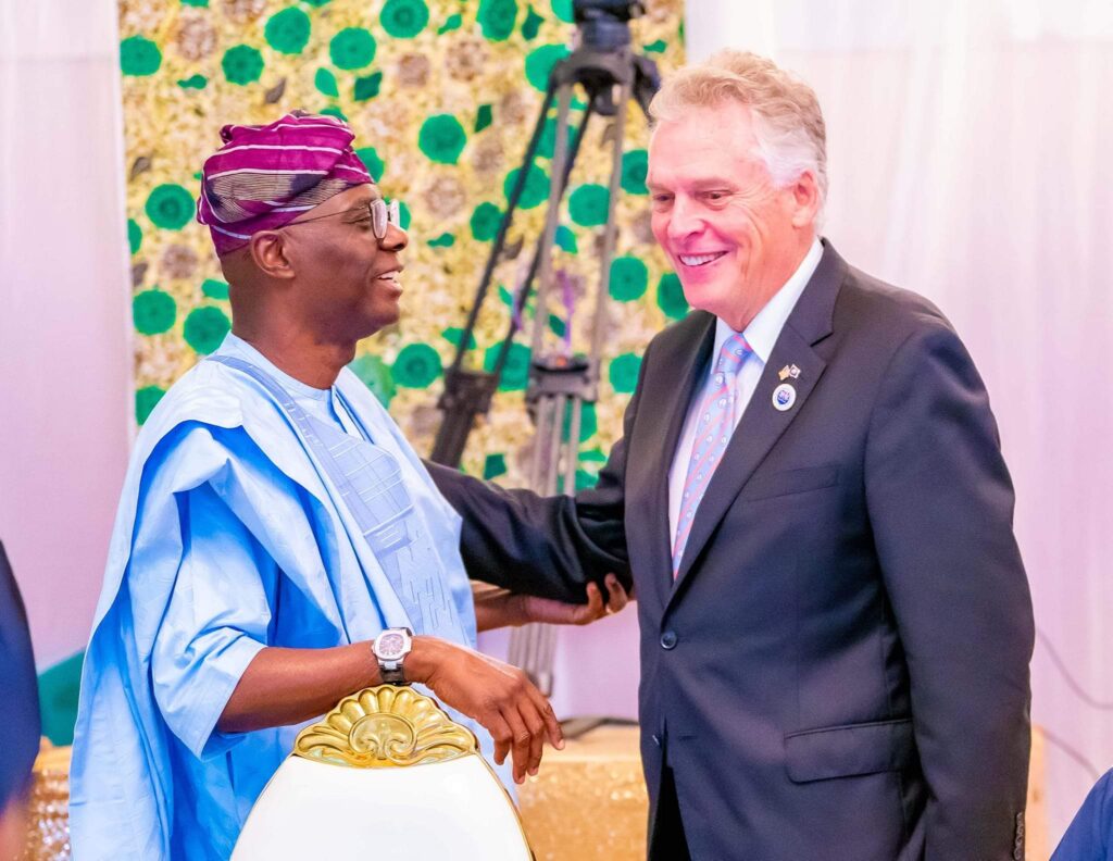 L-R: Mr Babajide Sanwo-Olu, Governor of Lagos State, exchanging greetings with Mr Terry McAuliffe, the 72nd Governor of Virginia, during the Nigeria Governors' Forum (NGF) 2023 Induction programme for governors, at the Presidential Banquet Hall, State House, Abuja, on Tuesday, 16 May 2023
