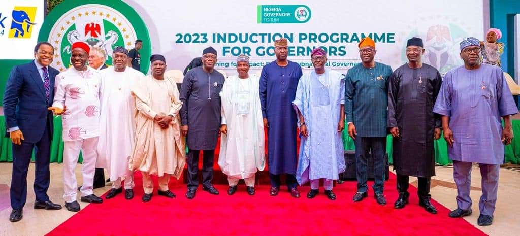 L-R: Mr Donald Duke, former Governor of Cross Rivers State; Prof Charles Soludo; Governor of Anambra State; his counterparts, Governor Abiodun Oyebanji (Ekiti); Governor Ahamdu Fintiri (Adamawa); immediate past Governor of Ekiti State, Dr Kayode Fayemi; Hon Aminu Tambuwal, Governor of Sokoto State; Mr Boss Mustapha, Secretary to the Government of the Federation; Mr Babajide Sanwo-Olu, Governor of Lagos State; his counterparts for Oyo, Nasarawa and Kwara States, Engr Seyi Makinde; Engr Abdullahi Sule and Alhaji AbdulRahman AbdulRazaq, during the Nigeria Governors' Forum (NGF) 2023 Induction programme for governors, at the Presidential Banquet Hall, State House, Abuja, on Tuesday, 16 May 2023
