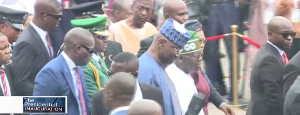 President-elect Bola Tinubu arriving the Eagle Square for his inauguration in company of the SGF Boss Mustapha (Photo: Channels TV)