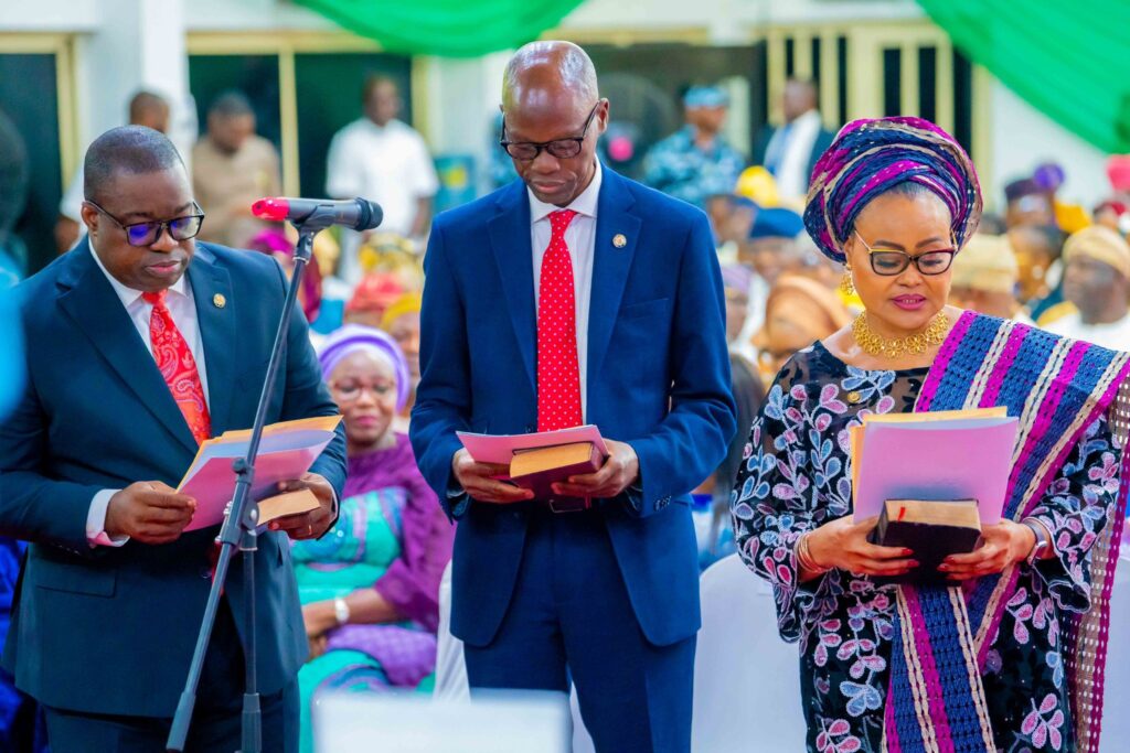 Secretary to the Lagos State Government, Barr. Bimbola Salu-Hundeyin; Chief of Staff to the Governor, Mr. Tayo Ayinde, and the Deputy Chief of Staff, Mr. Gboyega Soyannwo, taking their oath of office