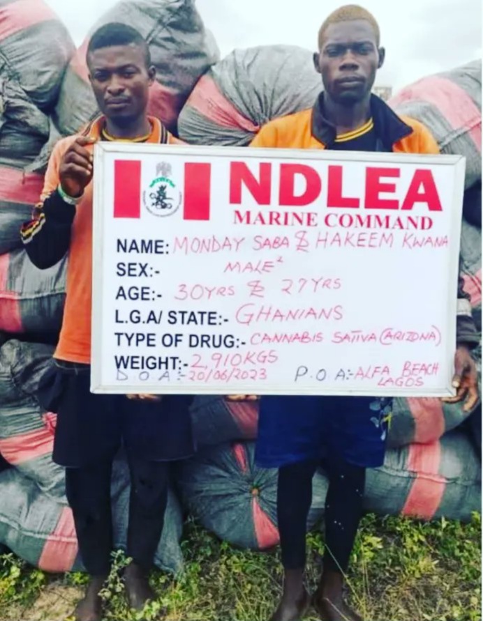 NLDEA arrested two Ghanaians, Monday Saba, 30, and Hakeem Kwana, 27, with Skunk weighing 2,910kg around Alfa Beach, Lekki, Lagos