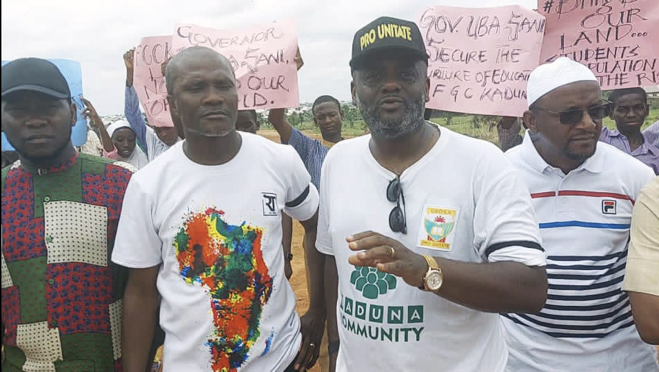 USOSA national president, Mike Magaji (pointing) and Seyi Gambo, the president of the Kaduna chapter (second left) during the protest