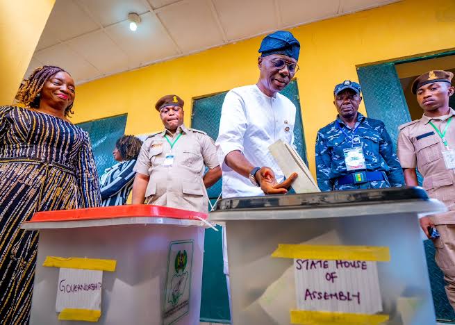 Lagos State Governor, Babajide Sanwo-Olu and his wife, Ibijoke, votes in the 2023 governorship election