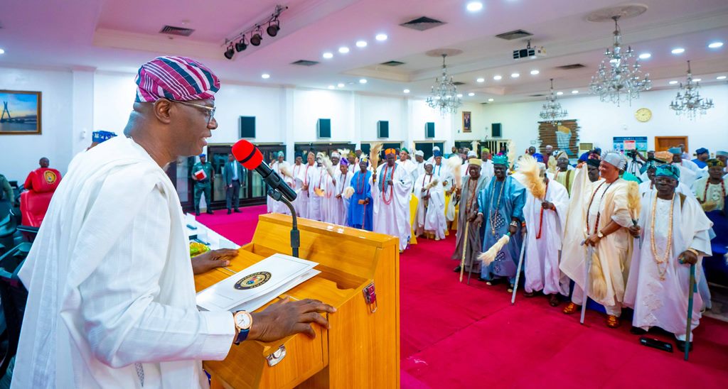 Lagos State Governor, Babajide Sanwo-Olu, addressing the Lagos Council of Obas and Chiefs