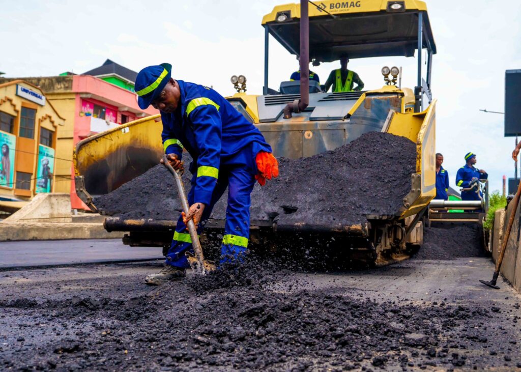 LSPWC workers doing palliative works on the Eko Bridge on Sunday, July 16, 2023