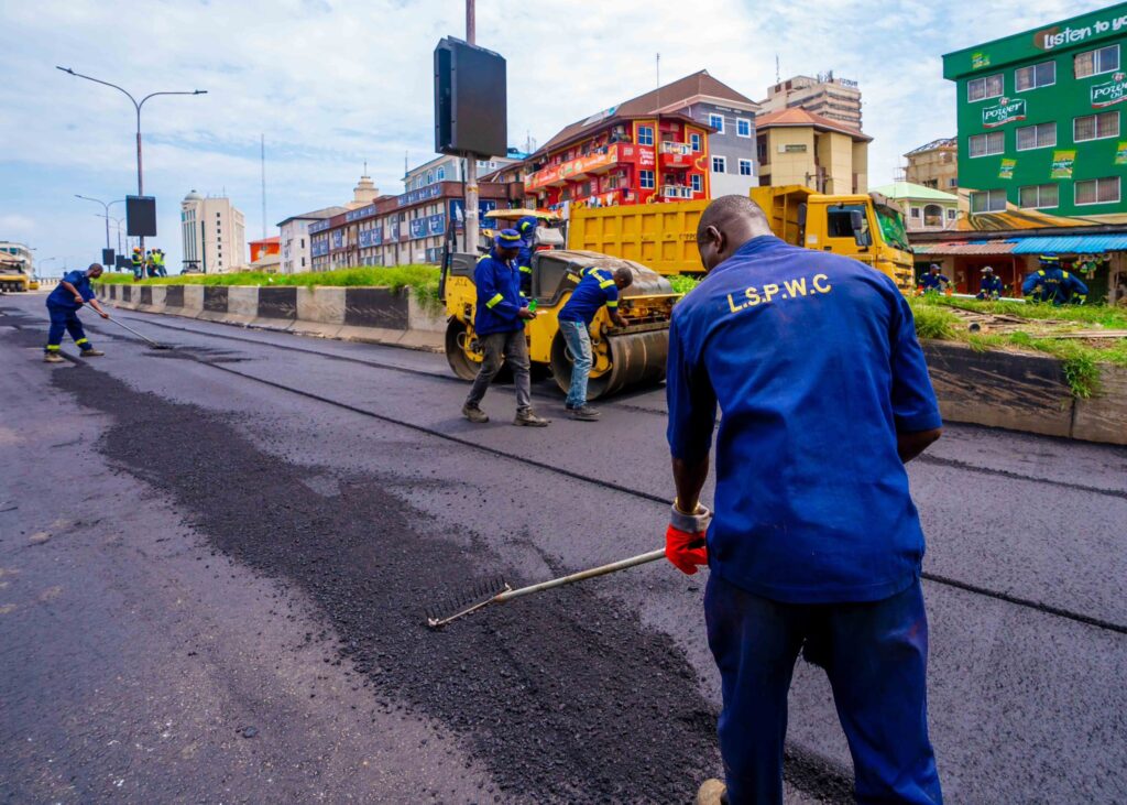 LSPWC workers doing palliative works on the Eko Bridge on Sunday, July 16, 2023