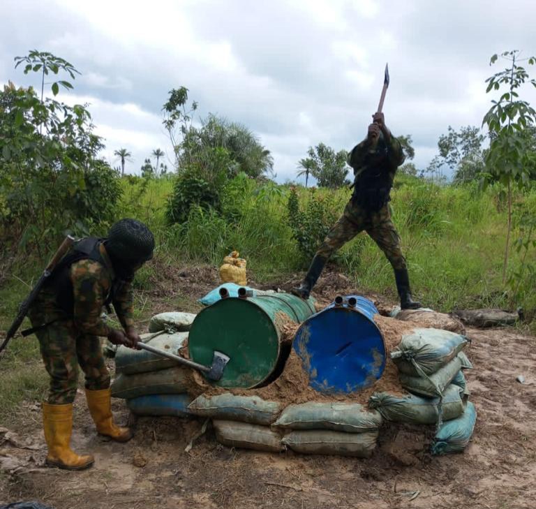 Troops destroyed the illegal oil refinery in Delta State