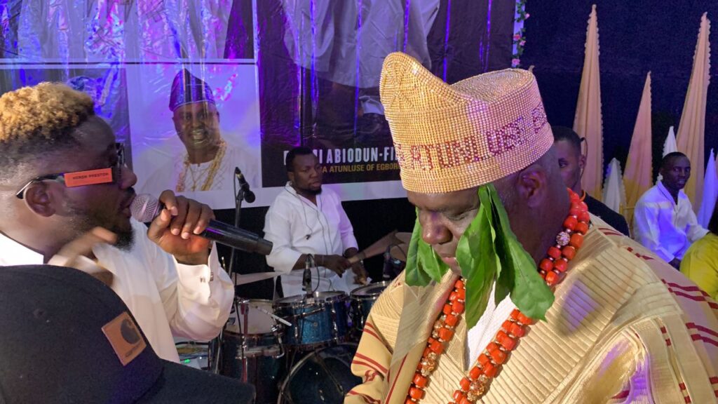 Otunba Atunluse of Egboroland, Funmi Abiodun-Findo, dances at the reception celebrating his installation as a chief