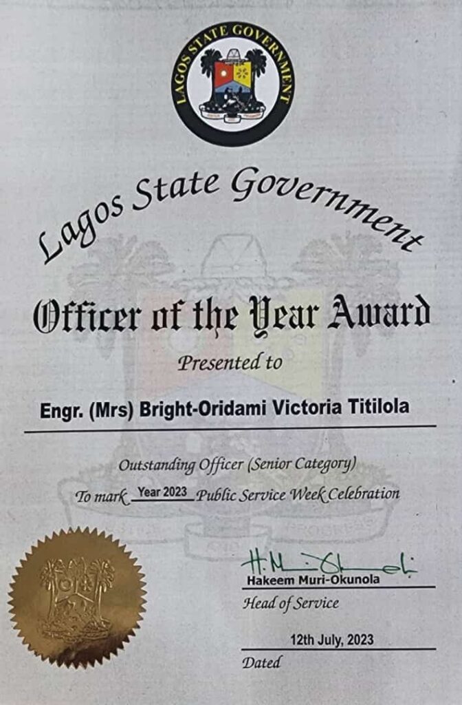 Officer of the Year Award Certificate presented to Engr. Bright-Oridami Victoria Titilola