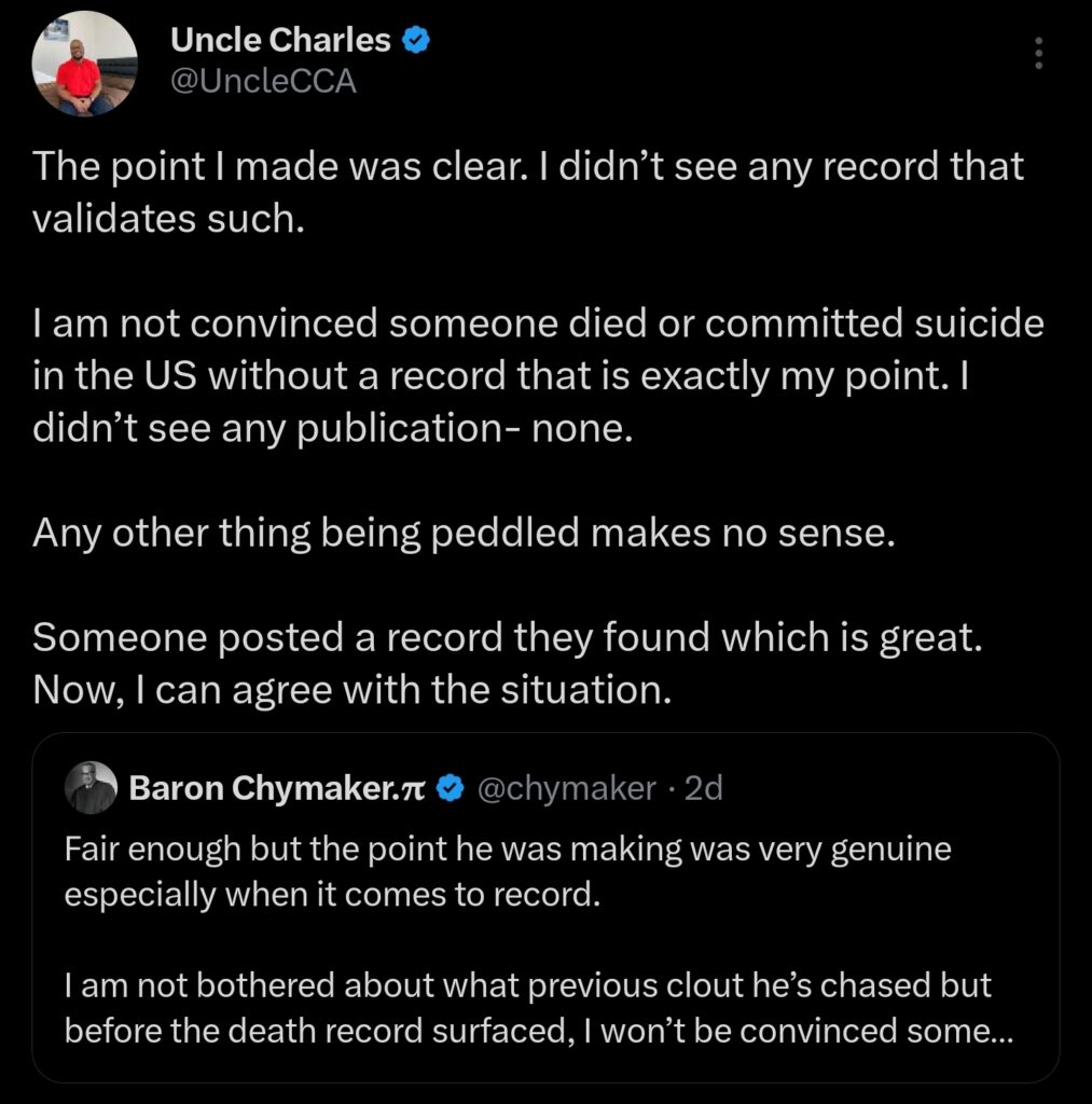 Charles's tweet claiming there was no record of Izuchukwu Madubueze's suicide