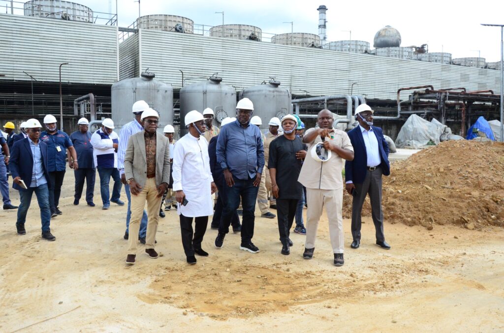 Minister of State for Petroleum Resources (Oil), Senator Heineken Lokpobiri, Minister of State for Petroleum (Gas), Hon. Ekperikpe Ekpo, Group CEO, NNPC Ltd., Mr. Mele Kyari, and others inspect the rehabilitation project of the Port Harcourt refinery