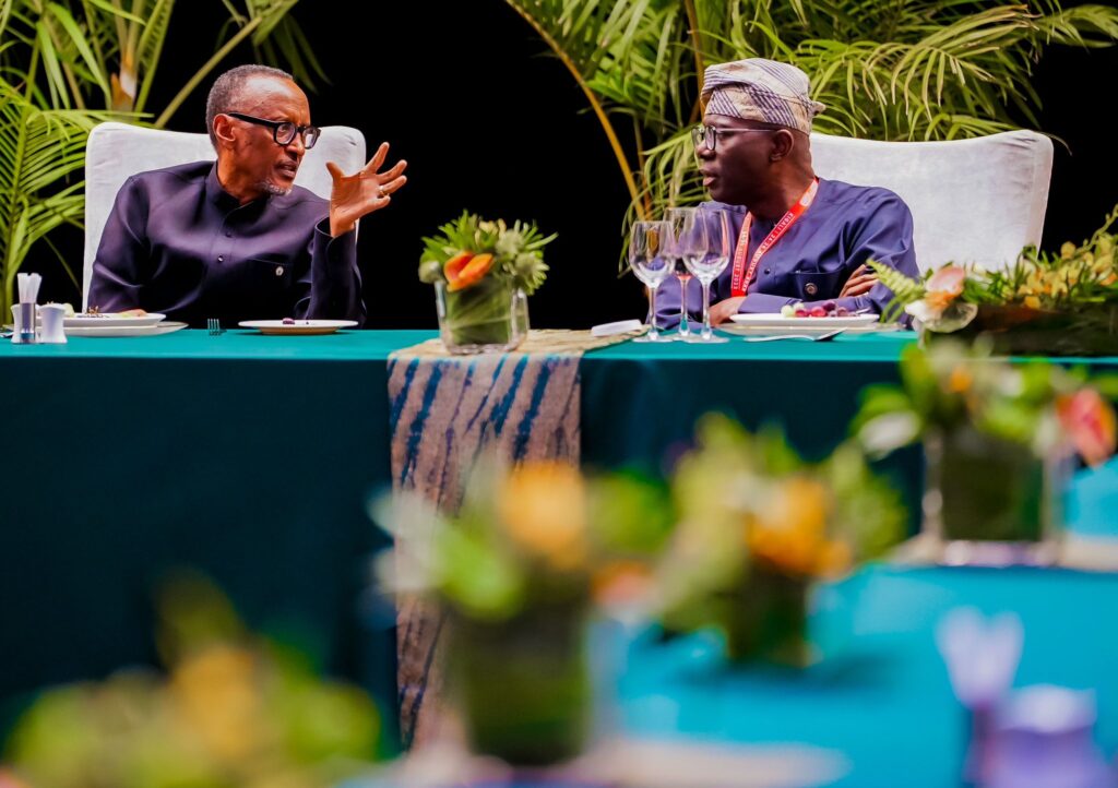 Rwanda President Paul Kagame and Lagos State Governor, Babajide Sanwo-Olu, at a dinner to close NGF-UNDP Leadership Retreat in Rwanda