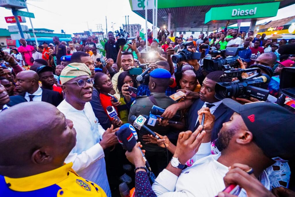 Lagos State Governor, Mr. Babajide Sanwo-Olu, speaking to reporters at the site of the aircraft crash on Oba Akran Avenue, Ikeja, Lagos