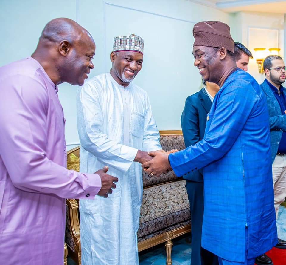 Lagos Deputy Governor, Dr. Kadri Obafemi Hamzat and Leader of the Nigerian delegation for the AFCON 2027 Bid, Mallam Mainasara Illo, exchanging pleasantries