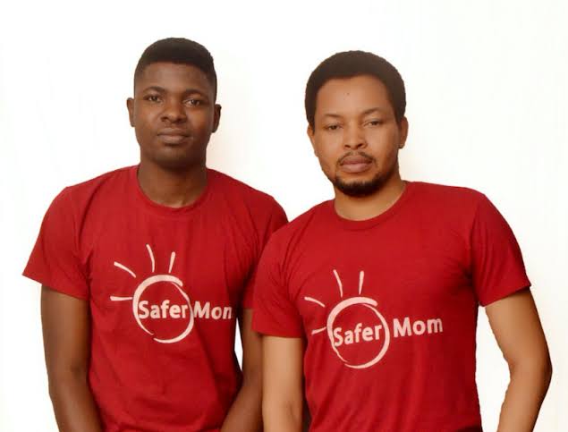 Two men modeling Safer Mom branded shirts