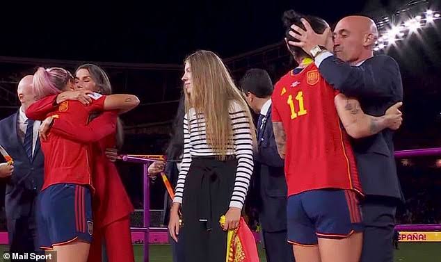 Luis Rubiales kissing Spain football star Jenni Hermoso on her lips without consent during World Cup victory celebrations