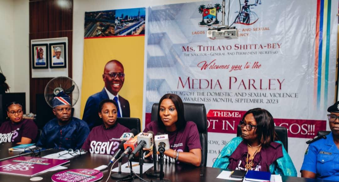 Executive Secretary of Lagos DSVA, Titilola Vivour-Adeniyi, addressing a media briefing on the 2023 Lagos State Domestic and Sexual Violence Awareness Month, on behalf of the Solicitor-General and Permanent Secretary, Ministry of Justice, Ms Titilayo Shitta-Bey