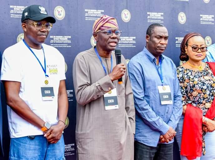 L-R: Lagos State Head of Service, Mr Hakeem Muri-Okunola; Governor Babajide Sanwo-Olu; his Deputy, Dr Obafemi Hamzat and Secretary to the State Government, Barr Abimbola Salu-Hundeyin during a media briefing at the ongoing On-boarding and Executive Retreat programme with the theme: Navigating Government Excellence:  Role of Leadership in Ensuring a Greater Lagos Rises, at the Epe Chalet, on Saturday, 16 September 2023.