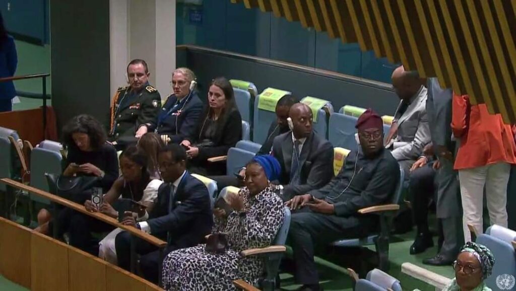 Oyo State Governor, Seyi Makinde seated listening to President Bola Tinubu as he addressed the 78th UNGA 78 in New York, US