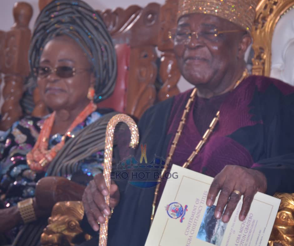 Alake of Egbaland, His Royal Majesty, Oba Michael Aremu Gbadebo and his wife at the chieftaincy title conferment ceremony