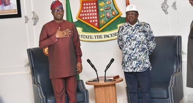 L-R: Governor of Oyo State, Seyi Makinde with Minister of Works , Engr David Umahi CON, after the meeting at the Governors Office in Ibadan, Oyo State on Thursday, August 31, 2023.