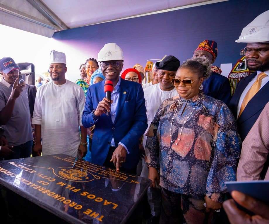 Lagos State Governor, Babajide Sanwo-Olu, accompanied by HRM Oba Rafiu Babatunde Ishola Balogun, the Elejinrin of Ejinrin Kingdom and others at the groundbreaking ceremony of the Lagos film city in Ejinrin, Epe, Lagos