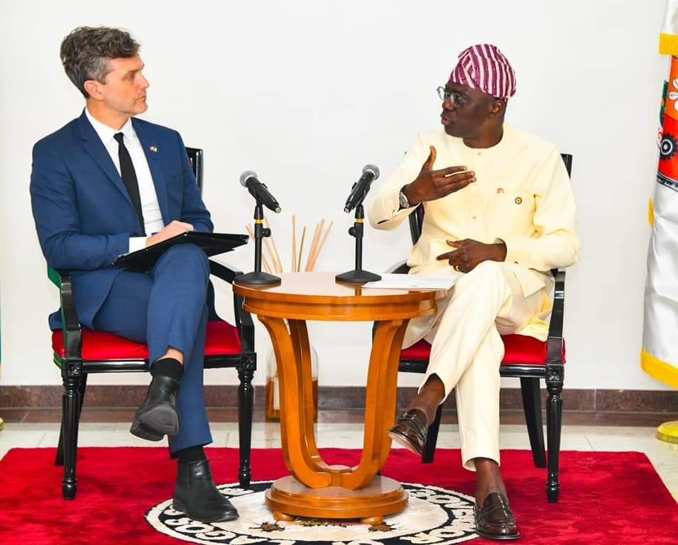 L-R: Denmark Ambassador to Nigeria, Mr Sune Krogstrup with Governor of Lagos State, Mr. Babajide Sanwo-Olu during a courtesy visit at the Lagos House, Marina, on Wednesday, 4 October, 2023