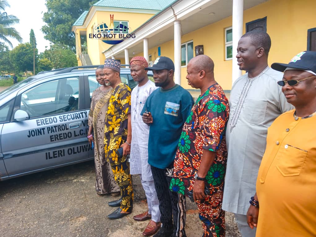 Stakeholders lining up beside the patrol vehicle for the Eredo Security Forum