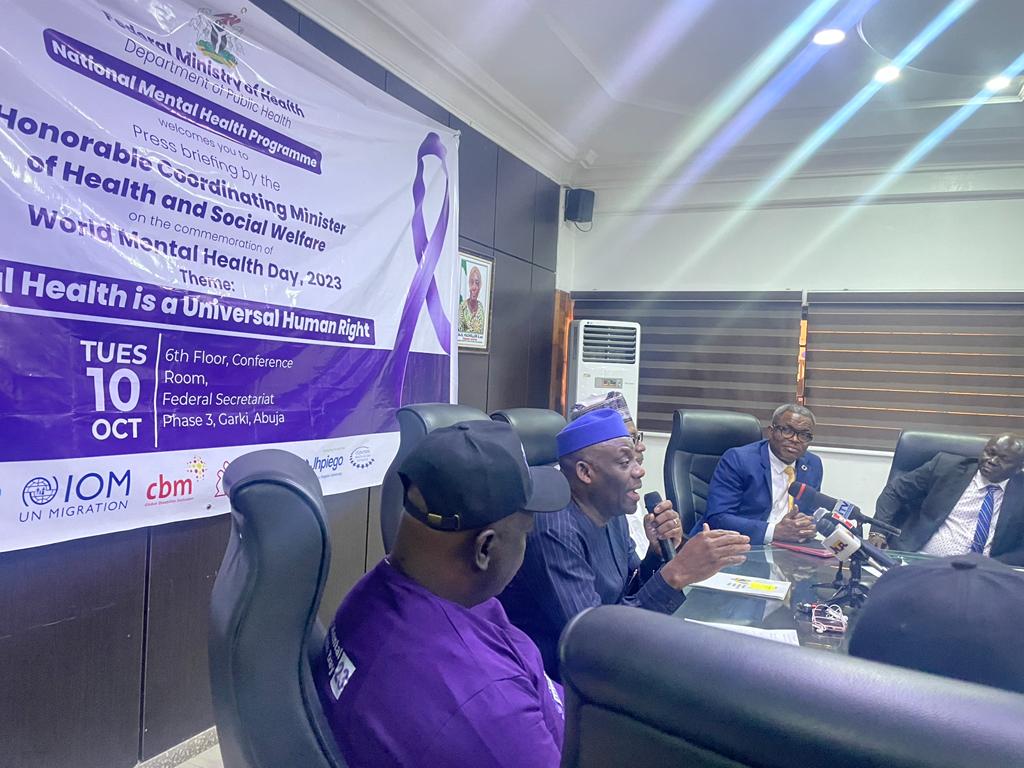 Minister of State for Health and Social Welfare, Dr. Tunji Alausa, the Coordinating Minister for Health and Social Welfare, Prof. Ali Pate, and other stakeholders at the press conference on the 2023 World Mental Health Day