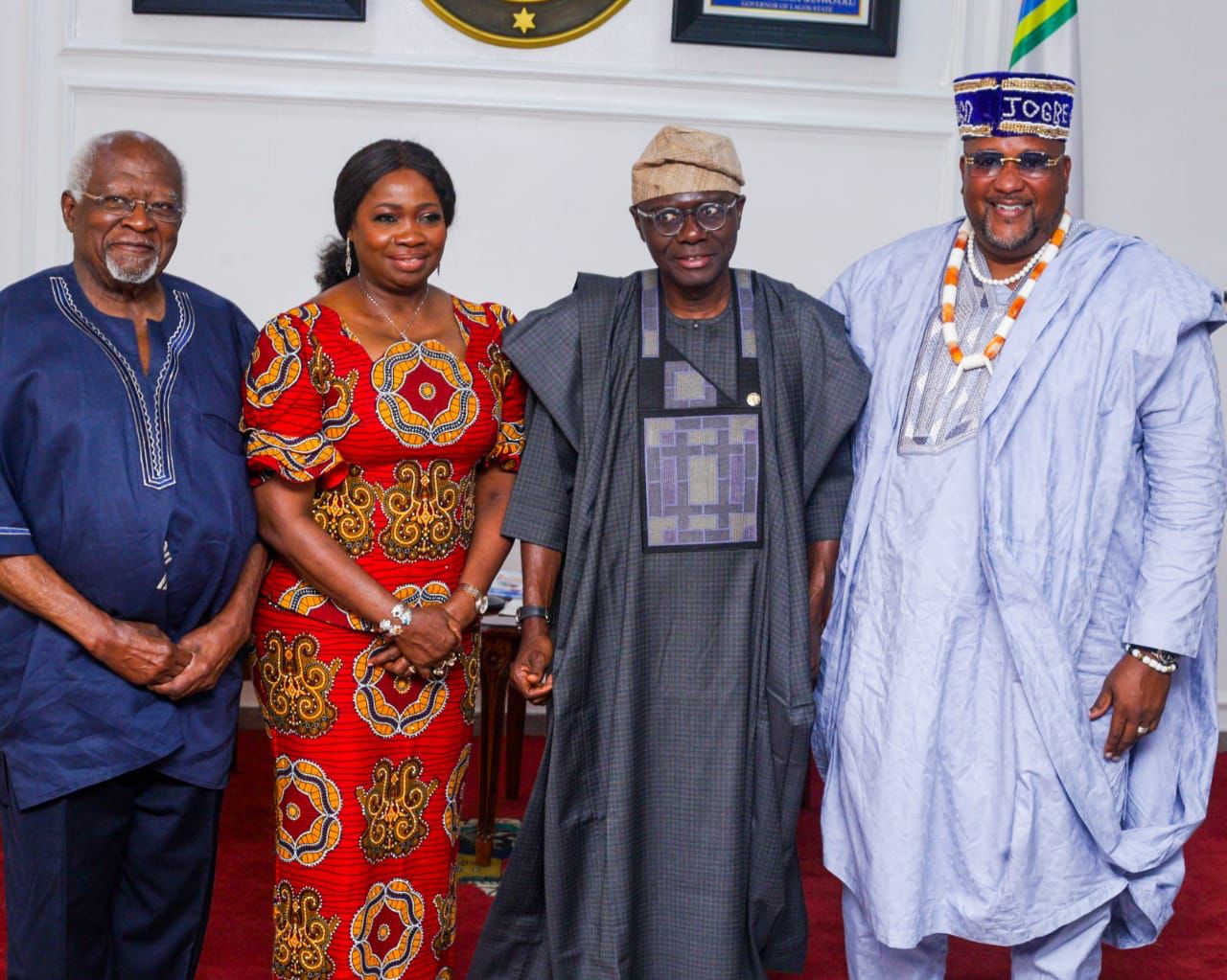 Lagos State Governor, Babajide Sanwo-Olu, NIDCOM Chairman, Hon. Abike Dabiri-Erewa, Dr Julius Garvey, son of the legendary Marcus Garvey and Dr David Anderson, CEO Anderson Speaks, at the Governor's office, Alausa, when the governor hosted participants of the Diaspora Festival/4th Door of Return Ceremony which took place in Badagry over the weekend