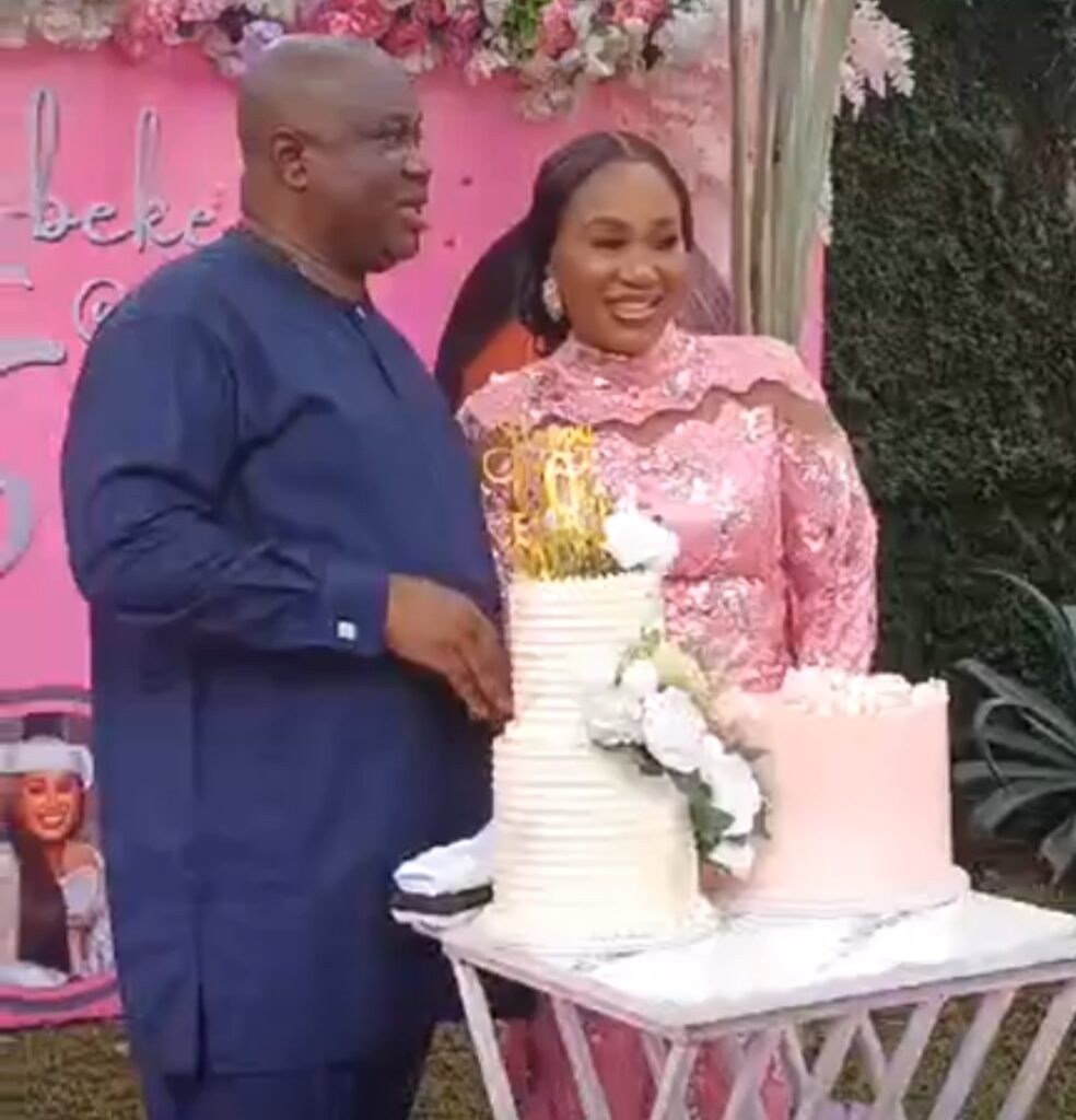 Pastor (Mrs.) Mayowa Ikuforiji and her husband, Rt. Hon. Dr. Adeyemi Ikuforiji, cut the birthday and wedding anniversary celebrations