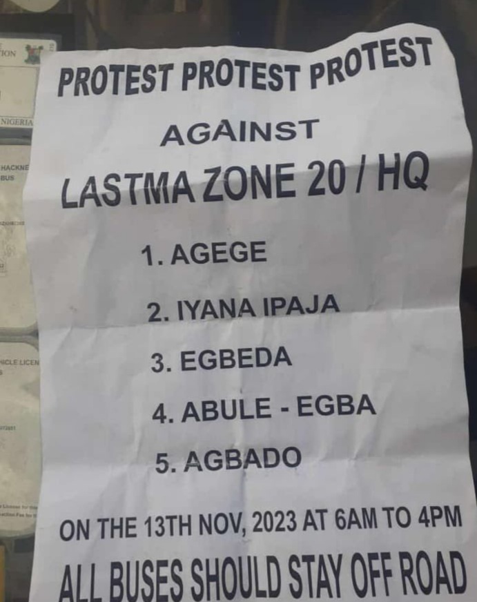 The strike and protest notice of the Lagos public transport drivers