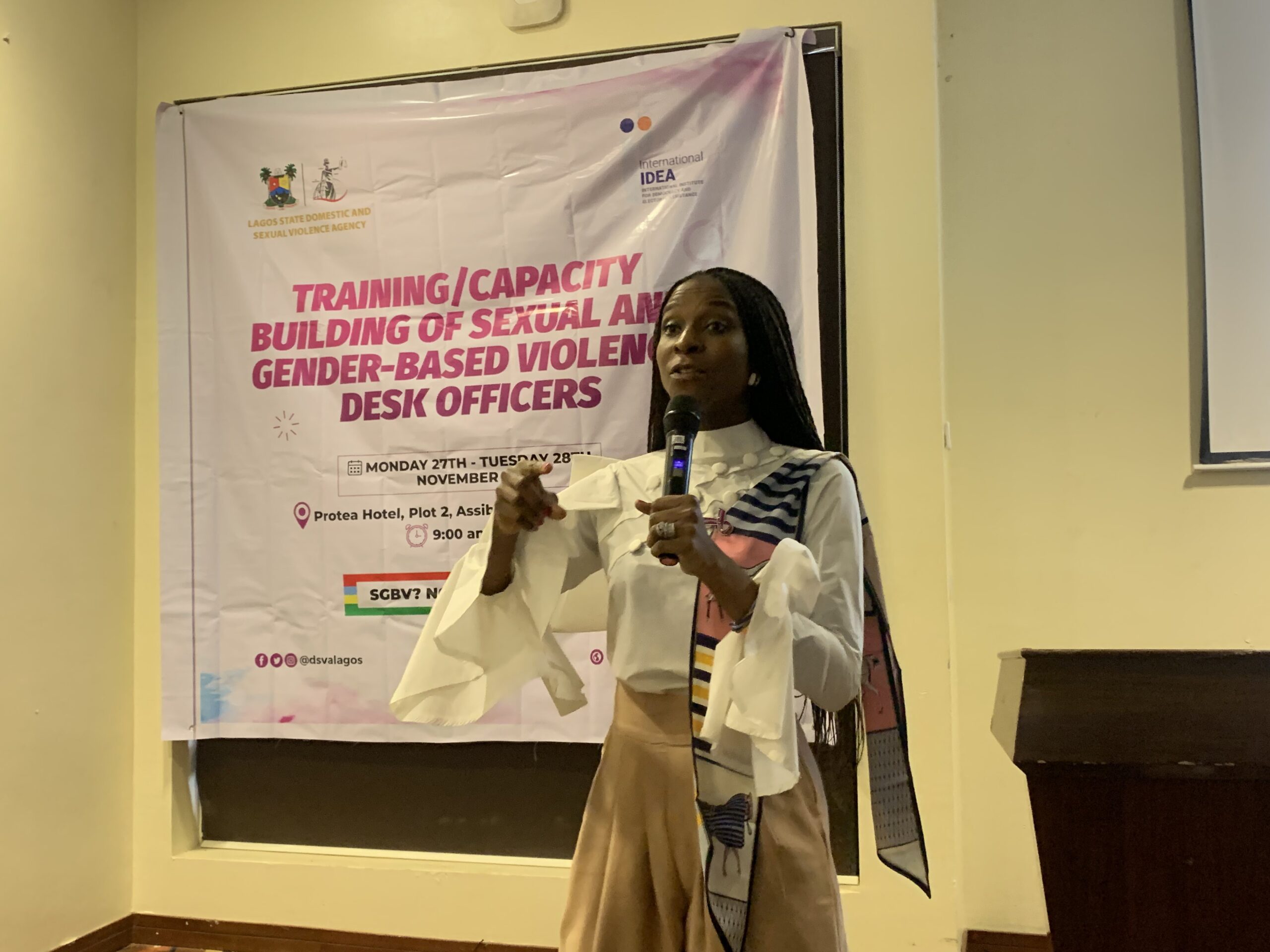 Executive Secretary, Lagos DSVA, Mrs. Titilola Vivour-Adeniyi, speaking at the sensitization programme on elimination of gender-based violence