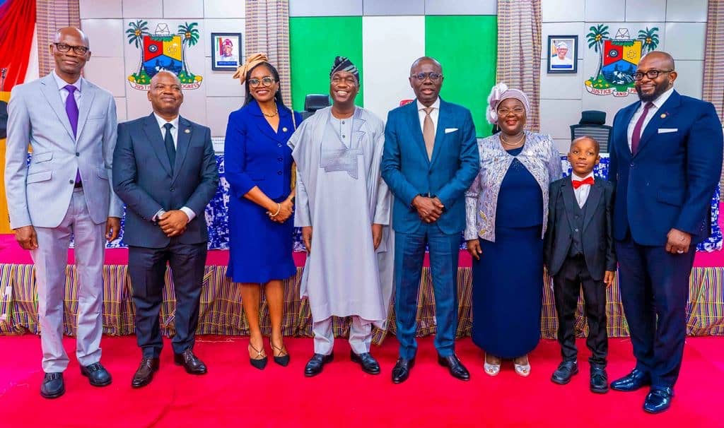 l-r: Chief of Staff, Mr. Tayo Akande; newly appointed Permanent Secretary, Cabinet Office, Mr. Gbolahan Ogunsanya; newly appointed Special Adviser (Health), Mrs. Kemi Ogunyemi; Deputy Governor of Lagos State, Dr. Obafemi Hamzat; Governor Babajide Sanwo-Olu; newly appointed Permanent Secretary, Teaching Service Commission (TESCOM), Mrs. Motilayo Iyabo Seriki-Bello; her son, Ibrahim Bello and the Head of Service, Mr. Olabode Agoro, during the swearing-in ceremony of a new cabinet member and two Permanent secretaries, at the Lagos House, Alausa, Ikeja, on Friday, 03 November 2023.