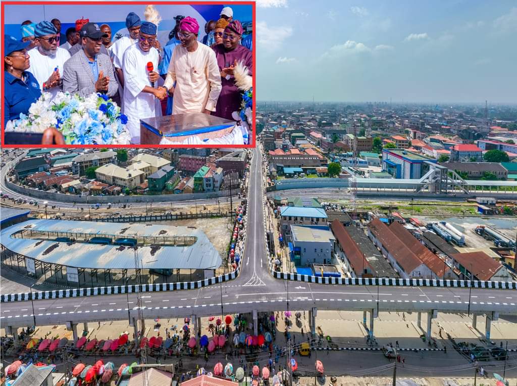 Aerial view of the newly built Oyingbo Overpass of the Lagos Rail Mass Transit (LRMT) Red Line project, commissioned on Sunday, 05 November 2023. Inset (l-r): Managing Director, LAMATA, Engr. (Mrs) Abimbola Akinajo; chairman, Lagos House of Assembly committee on Transport, Hon. Temitope Adewale; Deputy Governor, Dr. Obafemi Hamzat; Governor of Ekiti State, Mr. Abiodun Oyebanji; Governor Babajide Sanwo-Olu and Minister of Power, Mr. Adebayo Adelabu during the commissioning of the Oyingbo Overpass.