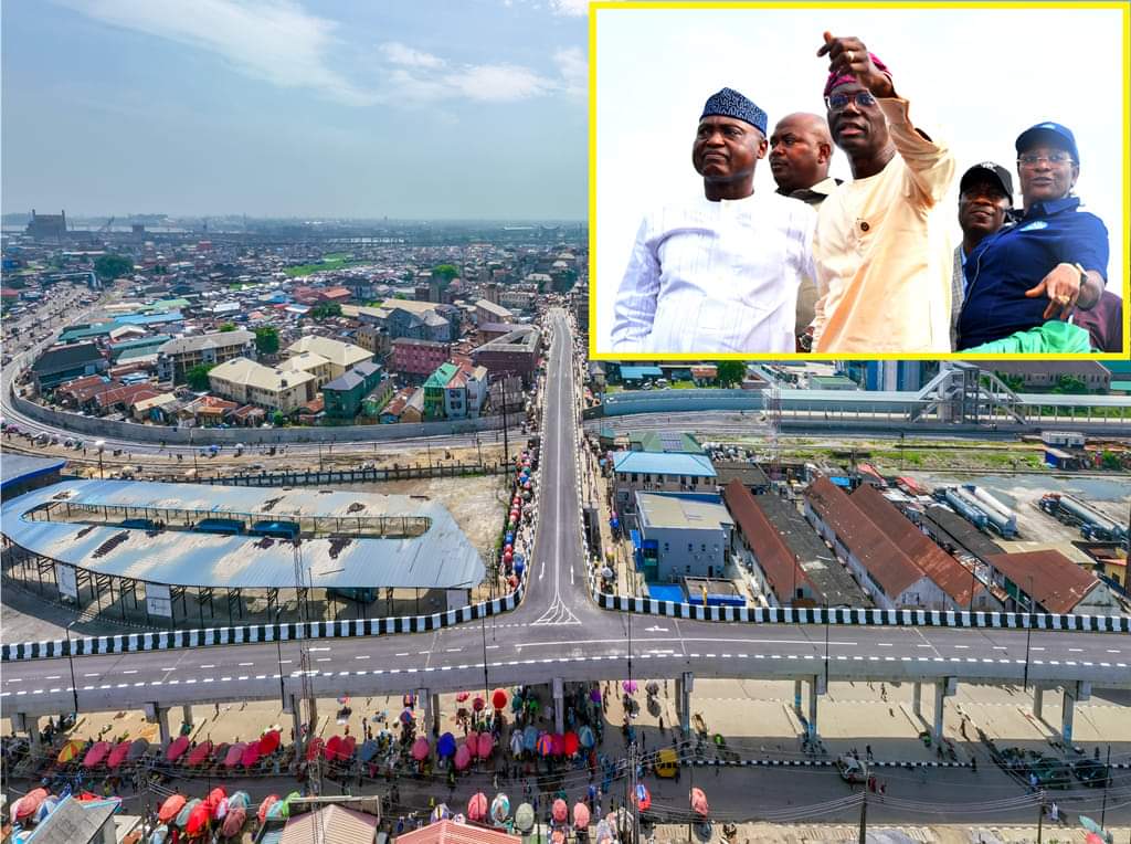 Aerial view of the newly built Oyingbo Overpass of the Lagos Rail Mass Transit (LRMT) Red Line project, commissioned on Sunday, 05 November 2023. Inset (l-r): Governor of Ekiti State, Mr. Abiodun Oyebanji; Governor Babajide Sanwo-Olu; his Deputy, Dr. Obafemi Hamzat and Managing Director, LAMATA, Engr. (Mrs) Abimbola Akinajo during the commissioning of the Oyingbo Overpass.