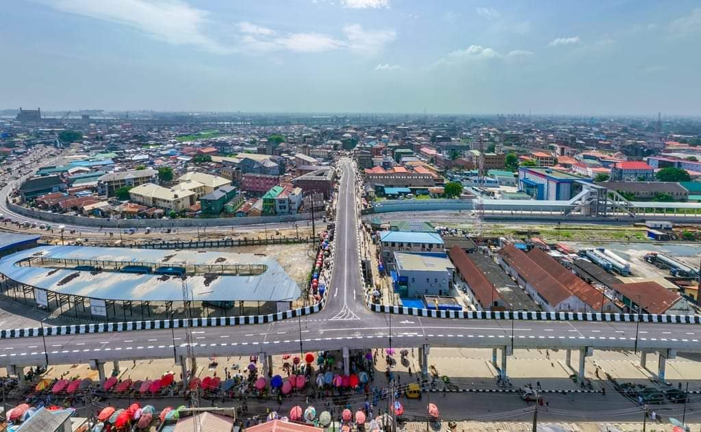 Aerial view of the newly built Oyingbo Overpass of the Lagos Rail Mass Transit (LRMT) Red Line project, commissioned on Sunday, 05 November 2023.