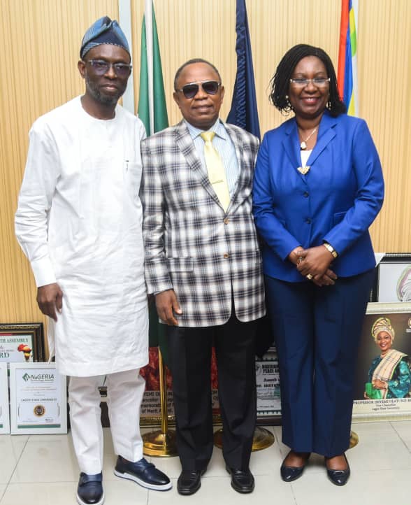 Ex-LASU VC, Prof. Olanrewaju Adigun Fagbohun, Chairman, Governing Council of the Institution, Sir. David Sunmoni, and Current VC, Prof. Ibiyemi Olatunji-Bello