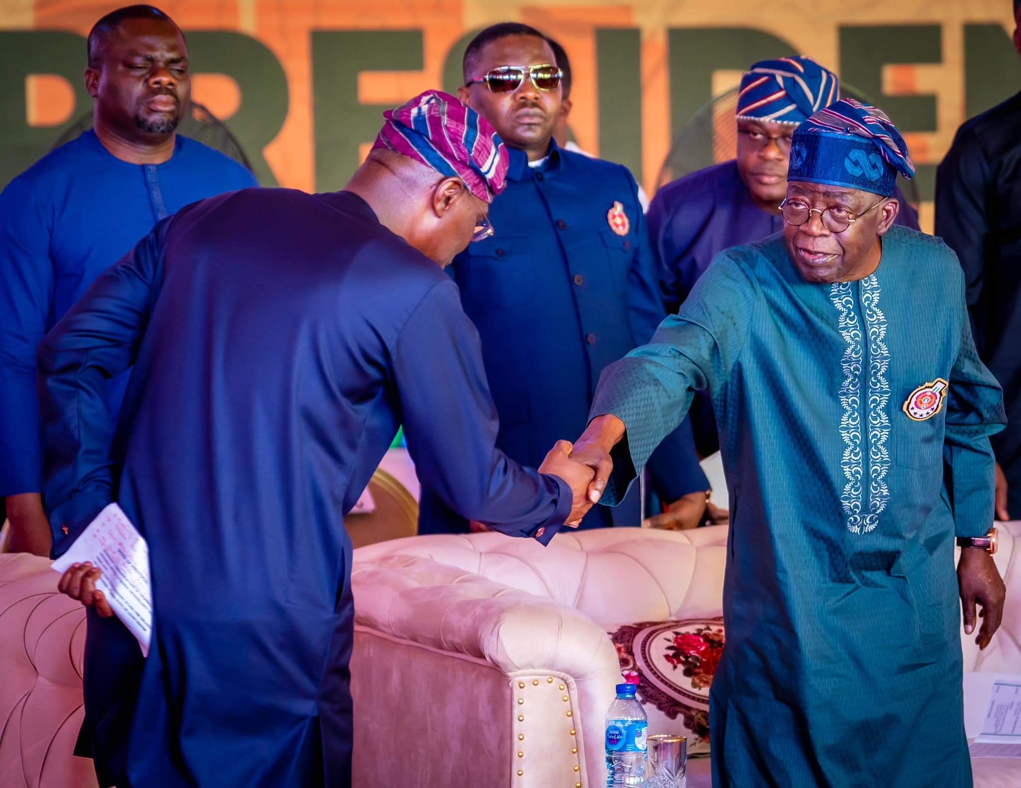 Lagos State Governor, Babajide Sanwo-Olu welcomes President Bola Tinubu to an event held in his honour on Wednesday, December 27, 2023