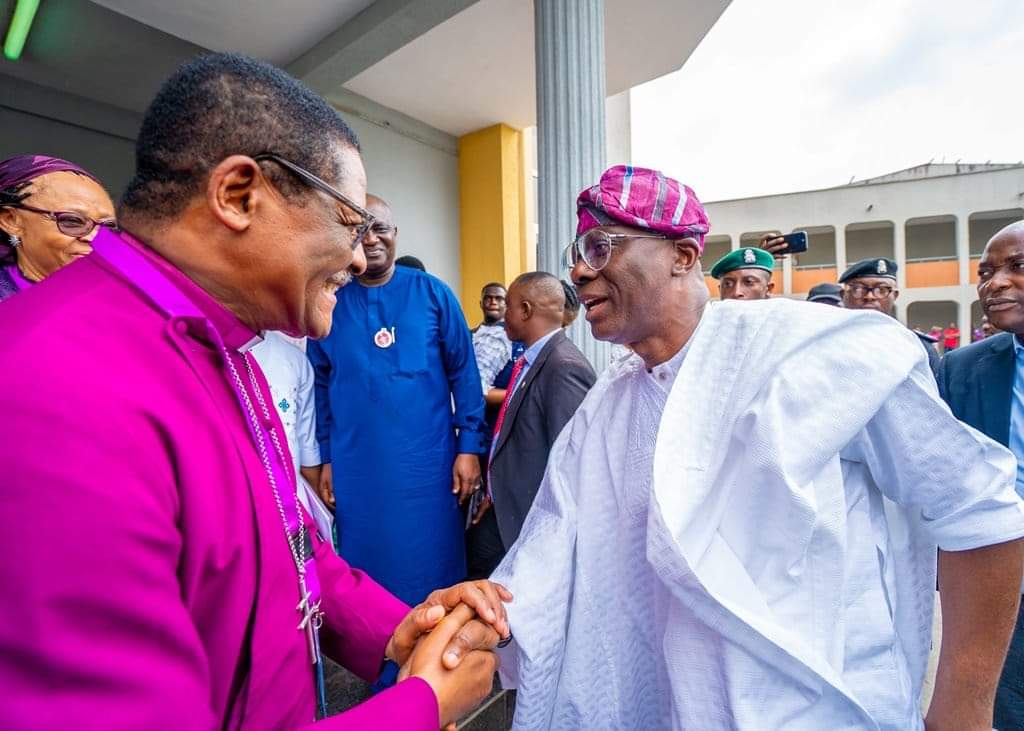 Governor of Lagos State, Mr. Babajide Sanwo-Olu (right) being welcomed by The Most Rev'd Henry Ndukuba, Archbishop, Metropolitan and Primate of the Church of Nigeria (Anglican Communion) during the Anglican Communion annual retreat for Bishops and their Wives at the Archbishop Adebola and Oluranti Ademowo Christian Resource Centre (Faith Plaza), Bariga, Lagos, on Monday, 08 January, 2024.