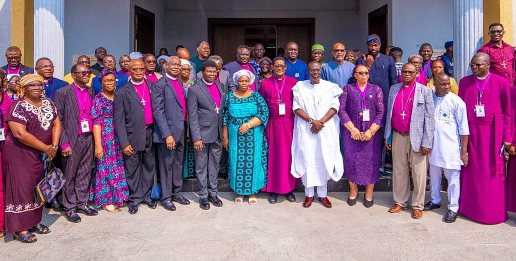 Governor of Lagos State, Mr. Babajide Sanwo-Olu (fifth right); The Archbishop, Metropolitan and Primate of the Church of Nigeria (Anglican Communion), Most Rev'd Henry Ndukuba (sixth right); his wife, Mrs. Angela (fourth right); Bishop of Lagos Diocese, Rt. Rev. Ifedola Okupevi (sixth left); his wife, Mrs. Modupe (middle); Special Adviser to the Governor on Religious Matter (Christian), Revd. Bukola Adeleke (second right), other Archbishops, Bishops and their wives during the Anglican Communion annual retreat at the Archbishop Adebola and Oluranti Ademowo Christian Resource Centre (Faith Plaza), Bariga, Lagos, on Monday, 08 January, 2024.