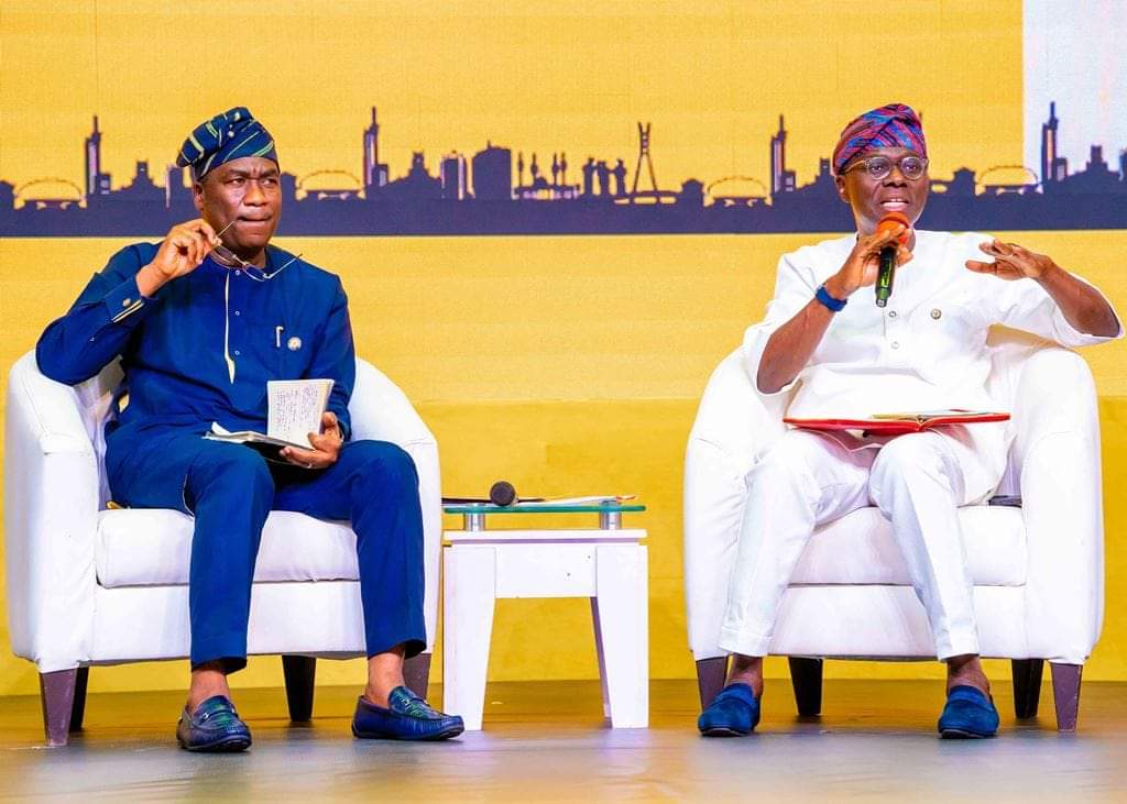 Lagos Deputy Governor, Dr. Obafemi Hamzat and Governor Babajide Sanwo-Olu at the Lagos West Senatorial District People’s Town Hall Meeting on Thursday, January 25, 2024